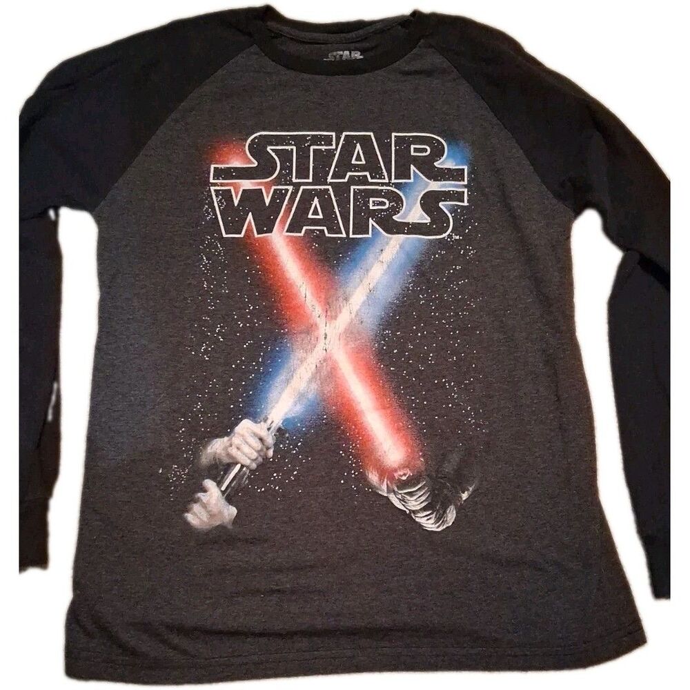 Star Wars Shirt Mens XL Gray Lightsaber Graphic Long Sleeve Raglan Tee Top